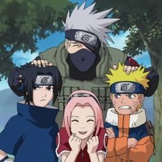 the naruto family is standing in front of some trees with their backs to each other