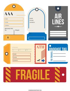 luggage tags with the words fragile and baggage tags attached to each one's sides