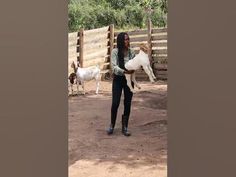 a woman holding a goat in front of a fence