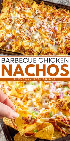 A simple crowd-pleasing appetizer recipe for loaded barbecue chicken nachos! It's such an easy game day recipe. Full of tortilla chips, cheese, BBQ chicken, and other toppings, these sheet pan nachos are a fun football party food idea! Barbecue Chicken Nachos, Loaded Nachos Recipe, Nacho Recipes, Bbq Chicken Nachos, Recipe For A Crowd, Chicken Nachos Recipe