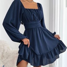 Never Worn Small Navy Blue Dress Long Sleeve Flowy Dress, Winter Formal Dresses, Dark Blue Dress, Outfit Invierno, Lantern Sleeve Dress, Shein Dress, Ruffle Hem Dress, Hoco Dresses, Lantern Sleeve