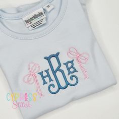 All designs are placed on a white shirt unless specified. Font style, stitch color, and bow color are completely customizable. Personalization Please list initials for a monogram in the First Middle Last order. For example, Jane Claire Smith would be listed J C S Monogram Shirt Ideas, Monogram Bow, Halloween Everyday, Bow Shirt, Monogram Shirts, Bow Shirts, Preppy Girl, Bow Holder, Halloween School