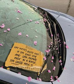 a yellow sign sitting on the windshield of a car with pink flowers all over it