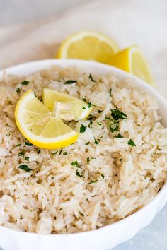 instant pot lemon rice in a white bowl