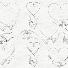 the hands of many different people holding each other with heart shapes on white lace background