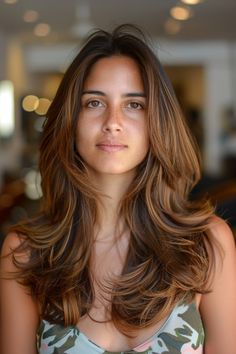 Person with long, flowing hair and a neutral expression, standing indoors. Olive Tan Skin Hair Color, Honey Lowlights, Cinnamon Highlights, Hair Color For Tan Skin