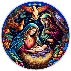 the birth of jesus and mary in a round frame with an image of birds on it