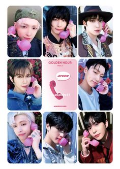 the collage shows many different people talking on their cell phones and holding heart shaped lollipops