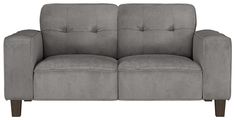 a gray couch with wooden legs on a white background