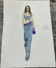 a drawing of a woman wearing jeans and holding a handbag in her right hand