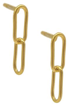 Paperclip links add sleek, minimalist appeal to drop earrings with 14-karat-gold plating. A water-resistant finish makes this extra durable for summertime styling. Post back This piece of jewelry is water-resistant and will not tarnish with water contact 14k-gold plated stainless steel Imported Gold Minimalist Oval Link Earrings, Gold Chain Link Minimalist Earrings, Gold Earrings With Hook And Links For Gift, Gold Paperclip Shape Single Earring, Gold Paperclip Shaped Single Earring, Gold Dangle Earrings With Hooks And Links, Gold Single Paperclip Earring, Gold Paperclip Earrings For Everyday, Gold Drop Earrings With Paperclip Chain