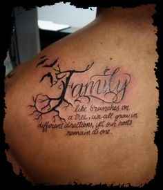 the back of a woman's shoulder with a family tattoo on it