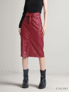 Lasaky - Stylish High-Waisted Vintage Midi Skirt with Red Leather Accents Red Knee-length Bottoms For Fall, Trendy Red Skirt For Workwear, Trendy Red Skirt For Work, Trendy Red Knee-length Skirt, Red Knee-length Bottoms For Winter, Red Knee-length Winter Bottoms, Red Leather Skirt, Vintage Midi Skirt, Red Midi Skirt