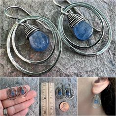 A pair of smooth Kyanite teardrops have been wrapped in sterling silver. The stones are framed by sterling silver ovals which I have formed, soldered, and hammered by hand. The earrings hang from handmade sterling silver earwires. The silver has been oxidized and polished to create an aged patina finish. Be sure to see all photos and video for size and color reference. Kyanite: About 7x10mm You can find the rest of my shop here wisehandmadejewelry.etsy.com Wise Handmade Jewelry is an eco-conscio Nickel-free Oval Teardrop Earrings, Hand Forged Silver Teardrop Earrings, Unique Teardrop Sterling Silver Earrings, Silver Metal Teardrop Earrings Wire Wrapped, Silver Metal Wire Wrapped Teardrop Earrings, Silver Wire Wrapped Metal Teardrop Earrings, Handmade Silver Teardrop Earrings For Anniversary, Silver Teardrop Wire Wrapped Earrings, Wire Wrapped Teardrop Earrings For Anniversary