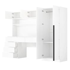 an open white cabinet with drawers and shelves