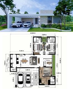 two story house plan with three cars parked in the driveway and an open floor plan