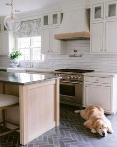 a dog laying on the kitchen floor in front of an oven and counter top with white cabinets