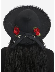 Black Rose Pearl Bow Lace Witch Hat | Hot Topic Goth Hats, Goth Hat, Right Arrow Icon, Pearl Bow, Fabric Roses, Black Ribbon, Red Fabric, Witch Hat, Black Rose