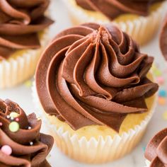 cupcakes with chocolate frosting and sprinkles on a white surface