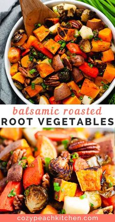 roasted root vegetables in a white bowl with text that reads balsamic roasted root vegetables