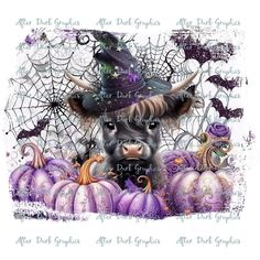 a cow wearing a witches hat surrounded by purple pumpkins and spiderwetches