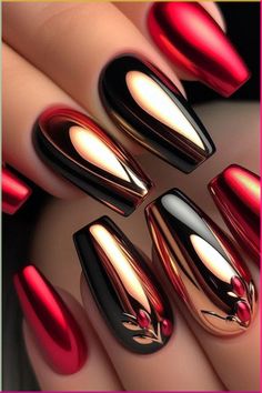 Make a bold statement this summer with the striking combination of red, black, and gold chrome nails! As one of the top summer nail 2024 trends, these stunning designs will add a touch of glamour and sophistication to your look. Discover our favorite styles and get inspired for your next manicure. For all your nail care needs, visit shop.snailsnail.com. Lanzarote Nails, Fingertip Jewelry, Saved Nails, Birthday Braids, Pumpkin Nail Designs, Nail 2024, Gold Chrome Nails, Nails Luxury, Red Chrome