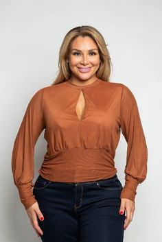 Plus Size Keyhole Mesh Mock Neck Ruched Long Sleeve Top Long Sleeve Brown Top With Ruched Detail, Brown Long Sleeve Top With Ruched Detail, Ruched Long Sleeve Top, Elegant Plus Size, Beauty Bar, Handbags For Men, Womens Fall, Fall Outfit, Maternity Dresses