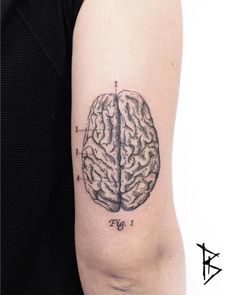 a person with a tattoo on their arm that has a drawing of a brain in it