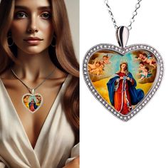 Immerse yourself in the serene embrace of Our Lady Mary of Knots with this splendid Victorian Heart Necklace. Beautifully crafted with a large 43x38mm heart pendant, this necklace not only adorns your neckline but also serves as a spiritual talisman. The pendant encapsulates a vibrant image of Our Lady Mary Untier of Knots, expertly covered with a protective glass to preserve its beauty and significance. Materials: Pendant Size: Large 43x38mm heart Material: High-quality rhodium for lasting shine and corrosion resistance Stones: Encrusted with brilliant cubic zirconia that captures light beautifully Cover: Durable glass to protect the sacred image Chain: Sturdy stainless steel, ensuring that the necklace remains a lifelong companion Symbolism: Our Lady Mary of Knots is revered for her powe Spiritual Heart Beads Pendant Necklace, Spiritual Heart Necklace For Valentine's Day, Spiritual Heart Shaped Necklace For Mother's Day, Spiritual Heart Pendant Necklace For Mother's Day, Spiritual Heart Necklace For Mother's Day, Mother's Day Spiritual Heart Pendant Necklace, Personalized Heart Shaped Spiritual Necklace, Personalized Heart-shaped Spiritual Necklace, Valentine's Day Heart Necklace With Large Pendant