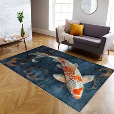 a living room area with a couch, chair and koi fish rug on the floor