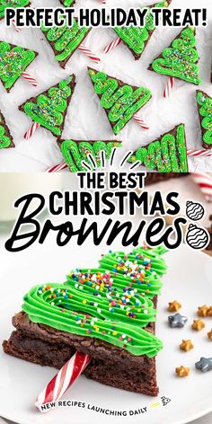 christmas brownies with green frosting and sprinkles in the shape of a tree