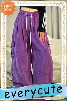 Stylish Cozy Purple Pockets Patchwork Cotton Wide Leg Pants Spring Cotton Wide Leg Pants, Leg Pants, Wide Leg Pants, Elastic Waist, Wide Leg, Elastic, Purple, Pants, Trousers