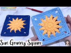 two crocheted squares with the words sun granny square