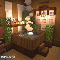 a room in the minecraft house is decorated with plants and rocks, including an aquarium