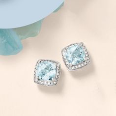 Ross-Simons - 2.60ct t. w. Aquamarine, .20ct t. w. Diamond Earrings in 14kt White Gold. The dreamy allure of 2.60 ct. t. w. of aquamarines beckons in these shimmering stud earrings, outlined in .20 ct. t. w. of diamond rounds. Post/clutch, 14kt white gold earrings. Aquamarine birthstones are the perfect gift for March birthdays. March Birthdays, Aquamarine Birthstone, Fine Jewelery, Aquamarine Stone, Aqua Marine, White Gold Earrings, Stone Cuts, Aquamarine, Heart Ring