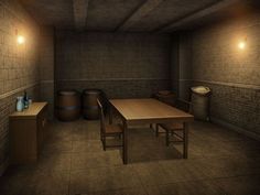 a dimly lit room with a table and two barrels on the wall next to it