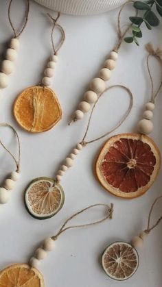 orange slices and other fruits are hanging from string