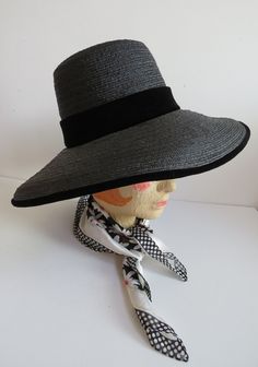 "Wouldn't the movie stars of the bygone era look fetching in this wide brimmed lampshade hat!! This black straw hat, by Vera Whistler Originals,  has a delightful wide brim accented with a wide black velvet band and matching velvet trim around the edges of the hat.  Quite simple yet stunning.  Wear as is or add a flower or jewelry to change the look.  The inside of the hat has black velvet and twill to assist in keeping the hat in place.   The perfect hat for the Kentucky Derby, Weddings, Specia Lampshade Hat, Black Straw Hat, Formal Fashion, Vintage Clothes Women, Bygone Era, Wedding Formal, Velvet Trim, Vintage Scarf, Formal Style