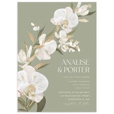 an elegant floral wedding card with white flowers and greenery on the front, in pale green