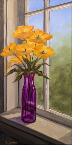 a painting of yellow flowers in a purple vase on a window sill by a window