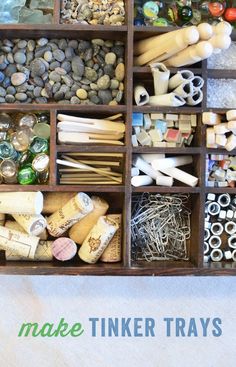 a wooden box filled with lots of different types of crafting supplies and items to make tinker trays