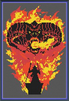 a cross stitch pattern with the image of a demon on it's face and flames coming out of his eyes