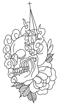 a black and white drawing of a skull with flowers on it's head, in front of a clock tower