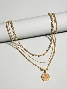 "Gold Coin Layered Chains Necklace | Coin Pendant Necklace | Gold Link Chain | Gold Curb Classic Chain | Gold Statement Chain Necklace ✒ Chains Length - 1st layer: 15\" - 2nd layer: 16.5\" - 3rd layer: 18.5 + 1\" pendant - Extender: 3\" ✻ Luxurious and Trendy mix and match Gold Chains is one of the most fashionable items now! ✻ Come with gift ready packaging, great for gift for all hers ! ✻ Gold plated is the best option for those who are jewelry obsessed and looking for quality with budget. ✻ I Wishbone Necklace, Raw Gemstone Jewelry, Gold Link Chain, Rose Quartz Earrings, Pendant Necklace Gold, Coin Pendant Necklace, Golden Jewelry, Gold Link, Layered Chains