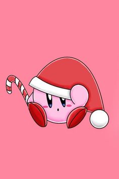 a pink background with a cartoon character wearing a santa hat