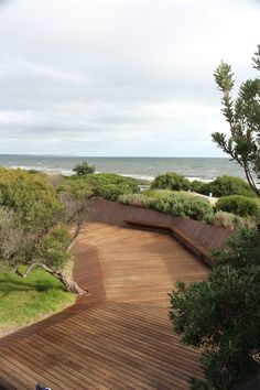 an empty wooden bench sitting on top of a lush green field next to the ocean