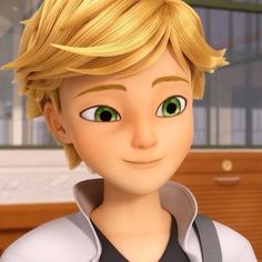 a cartoon boy with blonde hair and green eyes