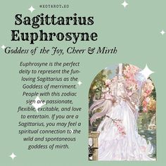 an advertisement for sagittarius euphrosyne, goddess of the toy, cheer and mirh