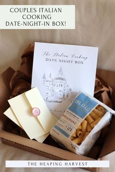 an open box filled with pasta and other food items, next to the text couples italian cooking date - night in box