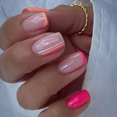 Short French Press on Nails With Design, Hot Pink Square Shape Colorful Swirls French Tips Fake Nails,Glossy Gel Nails Press on,Full Cover Reusable Glue on Nails for Women Girls in 24 PCS Vacation Nail Designs, Coral Nails, French Manicure Nails, Colorful Nails, Vacation Nails